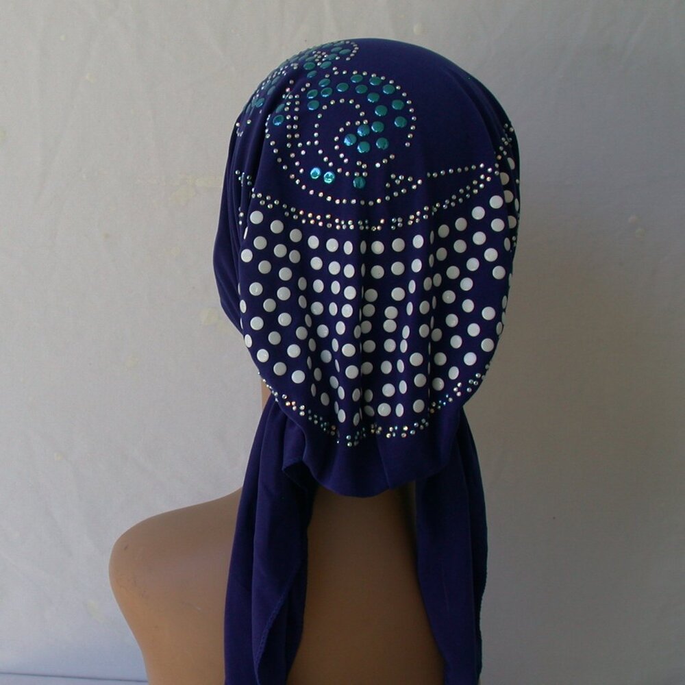 BLUE Pre-Tied Stud Chemo Cap Slip On Bonnet Hijab Undercap # 4